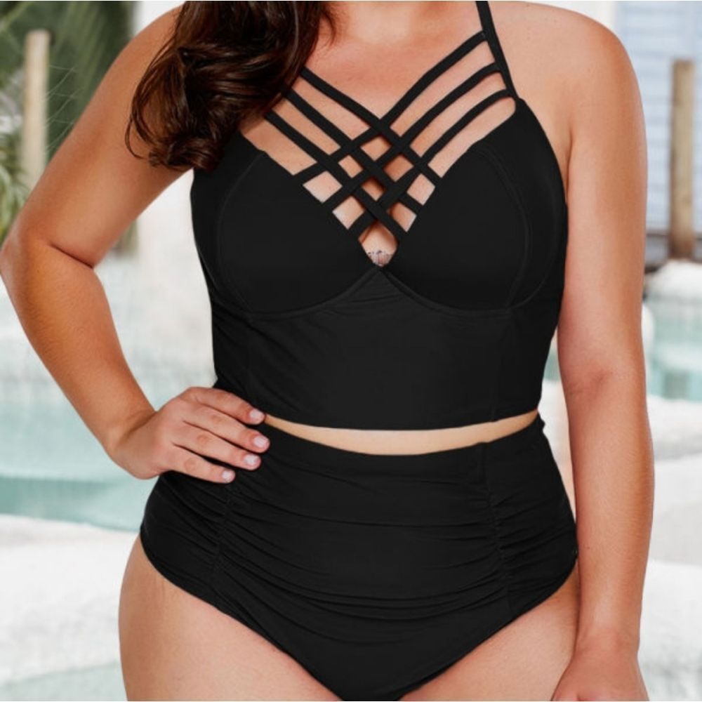 New Black Strappy Neck Detail High Waisted Bikini